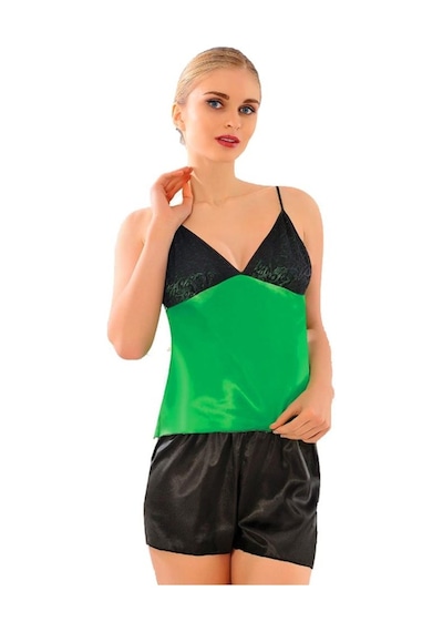 Sistina Bayan Yeşil Siyah Saten Babydoll Şortlu Takım 293 Yeşil