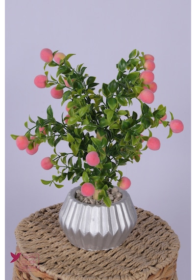 Yapay Çiçek Sitesi Gümüş Beton Saksıda Yapay Mini Şeftali Ağacı Tanzimi 35 Cm Çok Renkli