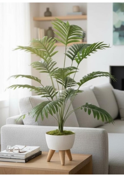 Yapay Çiçek Salon Bitkisi Areka 80cm 18 Yaprak Beyaz Zigon Saksıda Yeşil
