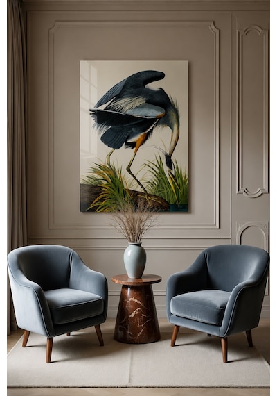 John James Audubon Büyük Mavi Balıkçıl Kuş İllüstrasyonu Dekorati