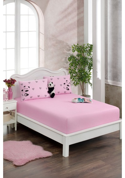 Valezium Pembe Panda Baskılı Kumaş Lastikli Fıtted Yastıklı Çarşaf Seti 120x200 Pembe Siyah