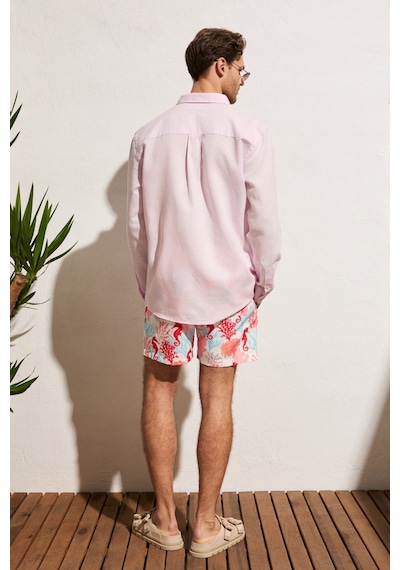 Grımelange Arles Erkek Keten Karışımlı Uzun Kollu Tek Cepli Regular Fit Pembe Gömlek