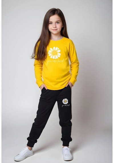Fyk Kids Bel Detayı Lastikli Baskılı Kız Çocuk Alt-üst Takım Sarı