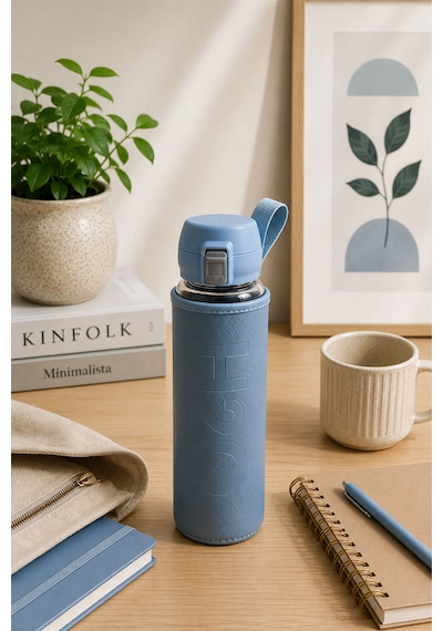 H2o Pastel Renk Kılıflı Kilit Kapaklı 500 Ml Cam Matara Sızdırmaz Ofis Ve Spor İçin Koruyucu Kılıflı Cam Suluk Mavi