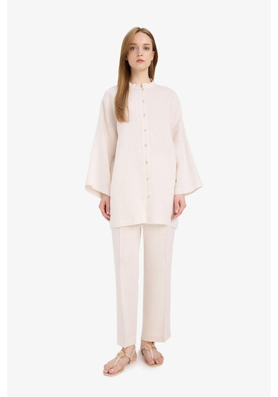 Defacto %100 Keten Regular Fit Bağcıklı Uzun Kollu Gömlek Tunik D4394ax25smer42 Ekru
