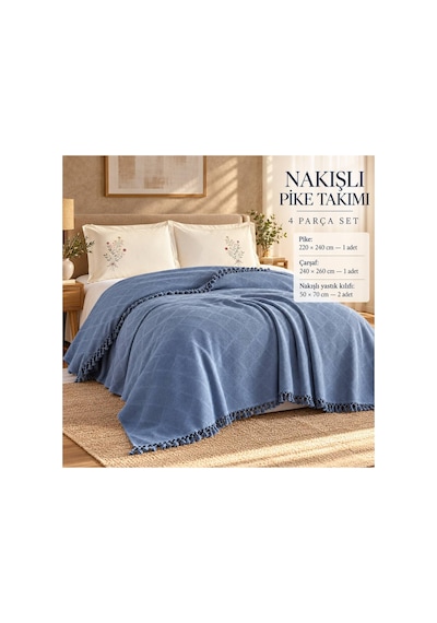 Slc Home %100 Pamuk Çift Kişilik Nakışlı Lüx Pike Takımı 4 Parça Yatak Örtüsü Mavi - 940022528 Mavi