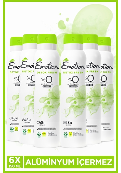 Detox Fresh Kadın Alüminyumsuz Vegan Deodorant 6x150ML Hızlı Kurur,leke Bırakmaz