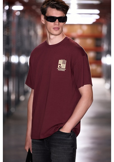 Grımelange Antonıo Erkek Baskı Detaylı %100 Organik Pamuk 3 İplik Örme Oversize Bordo T-shirt