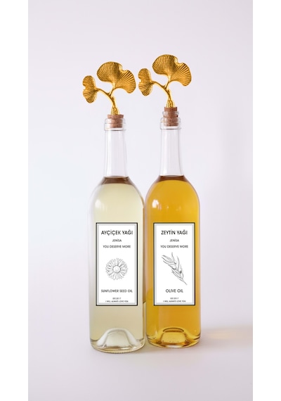 Altın Ginkgo Akıtmaz Tıpalı Dibi Çukur Şeffaf Cam Şişe 2'li 750 Ml Yağdanlık Yağlık Şeffaf
