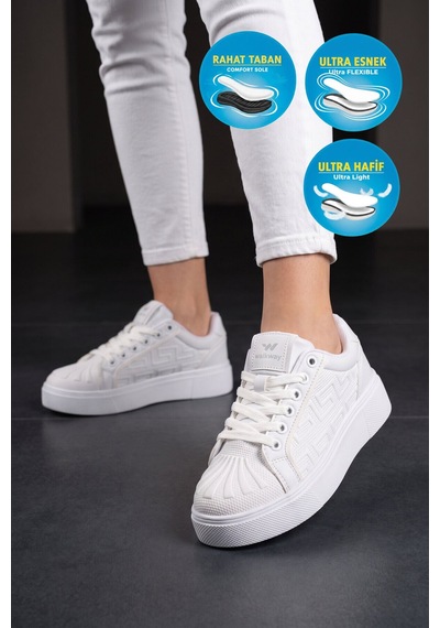 Walkway Beyaz Bağcıklı Kalın Rahat Tabanlı Kadın Casual Yürüyüş Ayakkabı Sneaker 26201