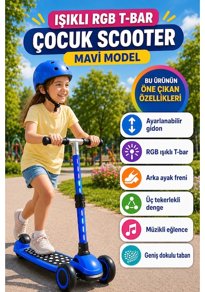 Mavi Speedx Wx-817 Rgb Işıklı Müzikli Çocuk Scooter Ayarlanabilir Alüminyum T-bar Tekerlekli Frenli