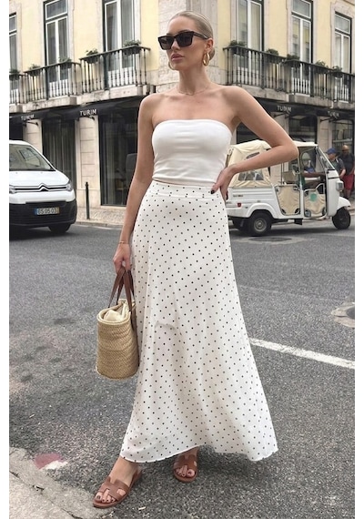 Madmext Beyaz Minimal Puantiye Desen Şifon Astarlı Etek Mg2821