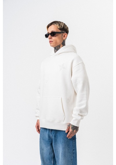 Respire Erkek Süzene Nakış Detaylı Kapüşonlu Oversize Hoodie Ekru