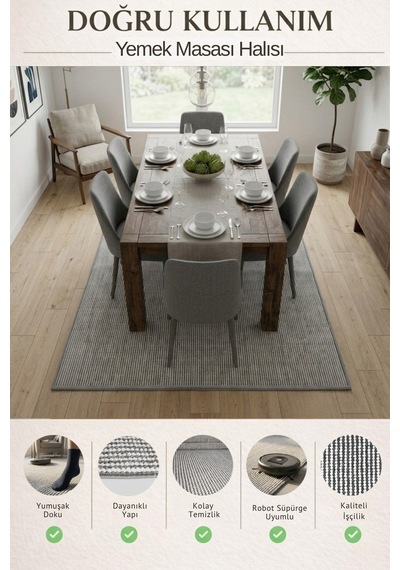 Yemek Masası Altı Halısı Dikdörtgen Dekoratif İnce Yıkanabilir Modern Salon Halısı Gri Porlo-7129 Gümüş