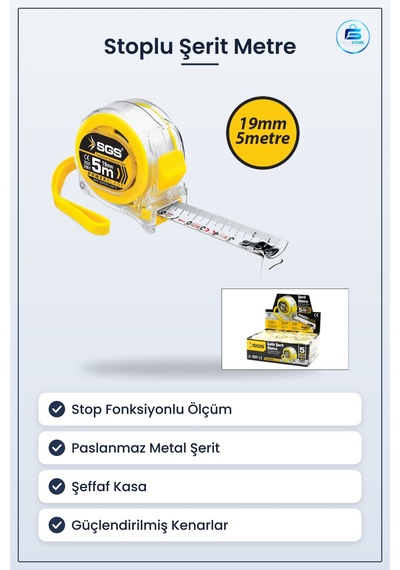 Şerit Metre 5 M X 19 Mm Şeffaf Kasalı Stoplu Çelik Ölçüm Aleti Pa
