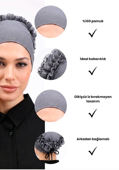 Alivascarf Fırfırlı Dikişsiz Penye Bone - Kadın Tesettür Bağlamalı Topuz İç Bone Gri