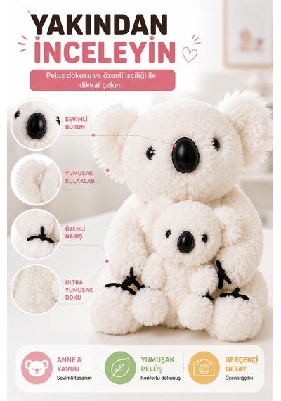 26 Cm Beyaz Anne Ve Yavru Koala Peluş Oyuncak Yumuşak Dekoratif Çocuk Odası Uyku Arkadaşı