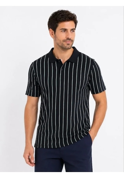 Defymoda Erkek Pike Kumaş Çizgili Polo Yaka Tişört Kısa Kol Yazlık T-shirt - Siyah