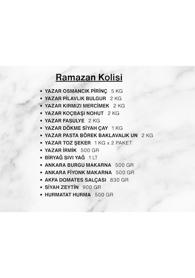 Yazar Ramazan Paketi 10 Kolisi 16 Parça 22,730 Kg