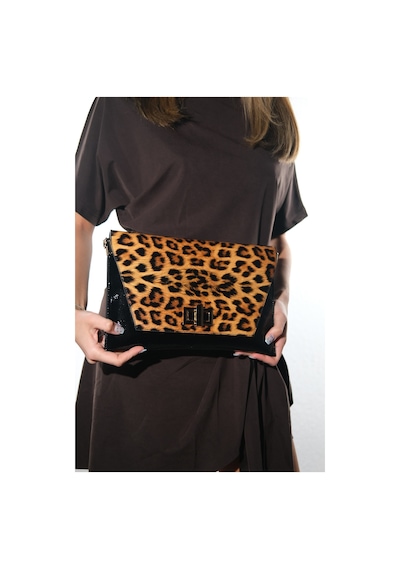 Maorı Siyah Sarı Desenli Rugan Kadın Clutch Çanta Leopar