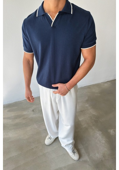 Flaw Polo Yaka Biyeli Triko Tişört-29003 Lacivert