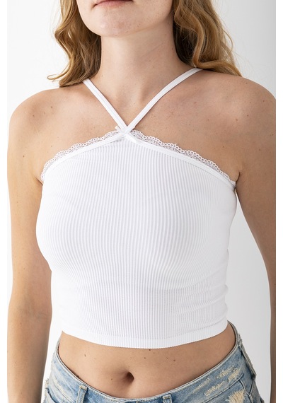 Giysa Kadın Çapraz Askılı Dantel Detaylı Crop Body Beyaz - Ms0000309 Beyaz