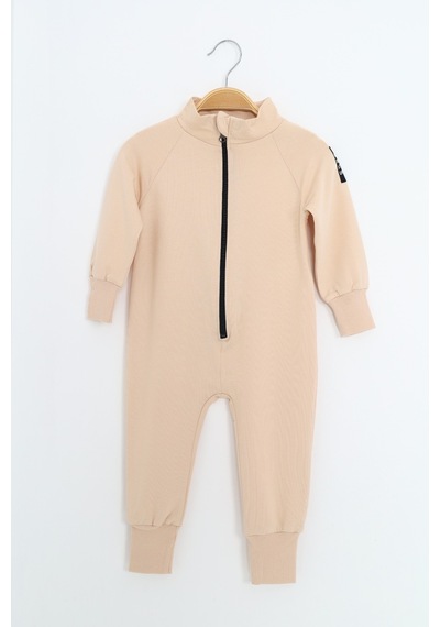Toontoy Kids Toontoy Erkek Bebek Baskılı Dik Yaka Fermuarlı Reglan Kol Basic Tulum Bej