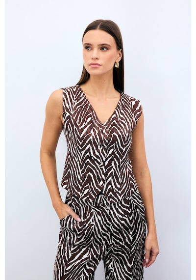 Sateen Zebra Desen Kısa Yelek - Kahve-135500 Kahve