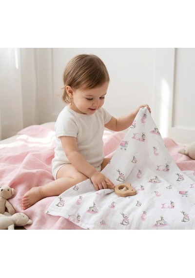 % 100 Pamuk Müslin Bebek Örtüsü - Bébé Lapin Rose 70x70 Cm Throw7019