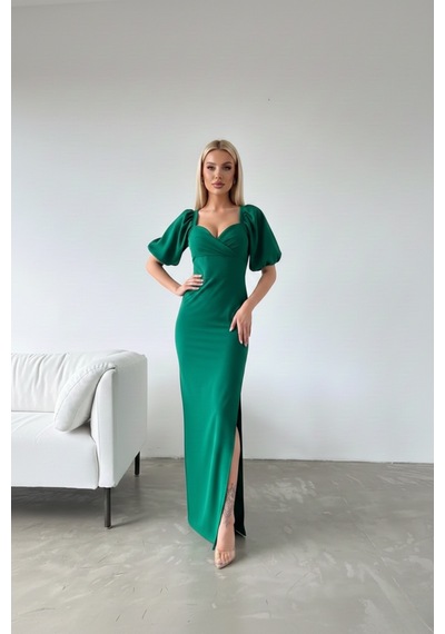 Defymoda Kadın Yırtmaçlı Şık Tasarım Krep Elbise Yeşil