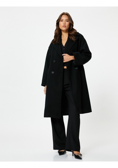 Koton Kaşe Oversize Kaban Kruvaze Düğmeli Uzun Boy Siyah 4wak00036ew 4WAK00036EW999 Siyah