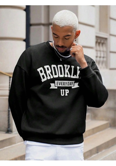 Adrift Coko Serisi Manfinity Sporsity Letter Graphic Drop Shoulder Sweatshirt Siyah