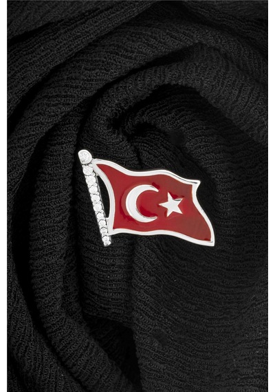 925 Ayar Gümüş Zirkon Taşlı Türk Bayrağı Bayan Rozet -8042 Gümüş