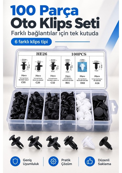 Oto Kaplama Klipsi Tampon Ve Trim Sabitleme Perçinleri Çok Amaçlı Klips Seti