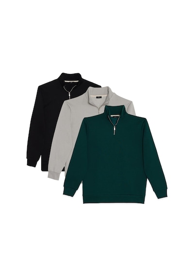 Tudors Unisex 3'lü Paket Siyah-taş-haki Relax Fit Pamuklu Yarım Fermuarlı Dik Yaka Sweatshirt-41551 Çok Renkli