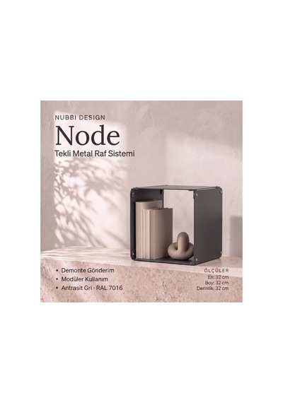 Node Metal Yan Sehpa Modüler Küp Tasarım Açık Raflı Tekli Modül 32x32x32 Cm Gri - 940085810 Gri