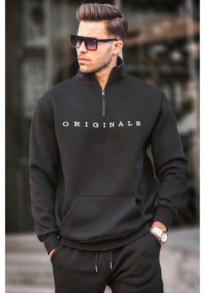 Madmext Siyah Fermuar Yaka Nakışlı Sweatshirt 6028-siyah Siyah
