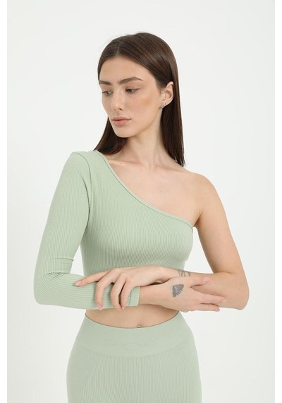 Tek Omuz Crop Top Su Yeşili -m Altın - Beyaz