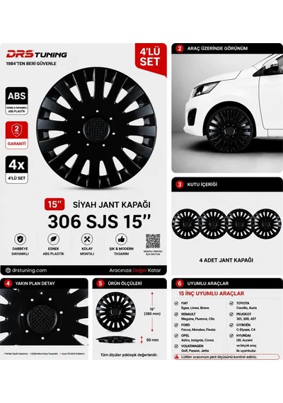 Alfa Romeo Uyumlu 15 Inc Kırılmaz Parlak Siyah Jant Kapağı 1 Takım 4 Adet No:306
