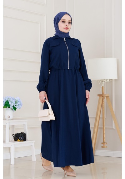 Sevitli Fermuarlı Cepkenli Jile Elbise-lacivert-5122