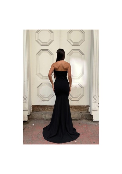 DefyModa Kadın Krep Kumaş V Yaka Balık Kesim Abiye Elbise Siyah