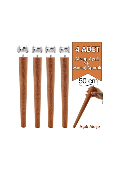 4 Adet Ahşap Ayak 50 Cm Açık Meşe M8 Civatalı Bağlantı Aparatlı Mobilya Tabure Sehpa Masa Destek Ayağı Açık Meşe