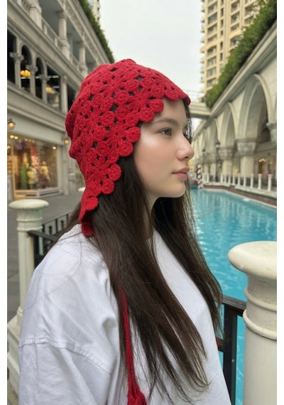 Mollycrush Kırmızı Yazlık Çiçek Motifli Örgü Bandana Kadın Plaj Hair Band Kırmızı