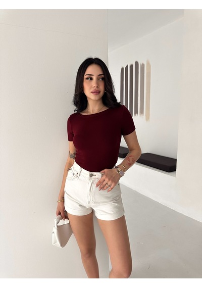 Elaxi Kadın Kısa Kollu Kayık Yaka Buzy Kumaş Tişört Bordo