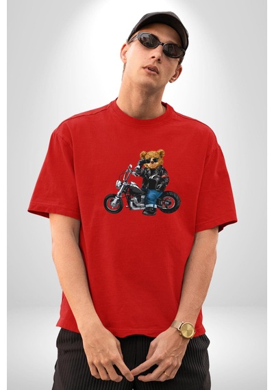 Kask Güneş Gözlüğü Motor Ayı Pamuklu Bisiklet Yaka Unisex Oversize Boyfriend Dijital Baskılı Kırmızı T-shirt Kırmızı