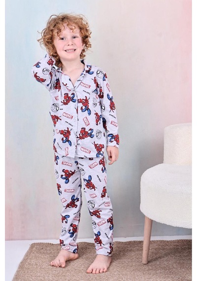Beka Kids Erkek Çocuk Önden Düğmeli Desenli Pijama Takımı %100 Pamuklu Pijama Takımı Ve Göz Bandı Gri