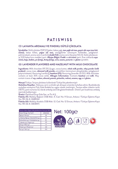 Patiswiss Anneler Günü Lavanta Aromalı Ve Fındıklı Sütlü Çikolata 100 G