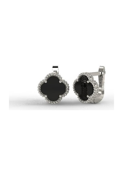 Roza Silver 925 Ayar Oniks Taşlı Rodyum Yonca Gümüş Küpe Re10194