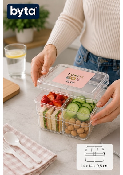 Kaşıklı Çatallı Kare Beslenme Kabı 4 Bölmeli Lunch Box, Bpa İçermez Şeffaf