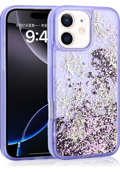 Apple Uyumlu iPhone 12 Uyumlu Kılıf Sıvılı Simli Kelebek Baskılı Şeffaf Arka Yüzey Zore Glis Silikon Kapak-mor -